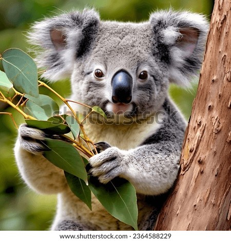 A koala bear perched on a tree branch, holding a eucalyptus leaf