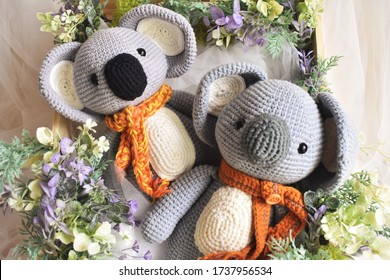 Koala crochet. Animal toy for kids. Koala bear crocheting. Handmade. Knitting background. Pastel vintage color. Vintage theme. Home decoration. Woolen animal. Soft toy. Art handicraft. Woolen. Forest