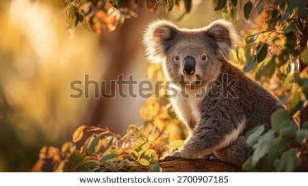 A koala perched in a eucalyptus tree, bathed in warm sunlight, showcasing its fluffy ears and curious expression.