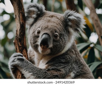 The koala (Phascolarctos cinereus) is a tree-dwelling marsupial native to Australia, easily recognized by its stout, tailless body, large ears, and round, black nose. Koalas have thick, grey or brown 