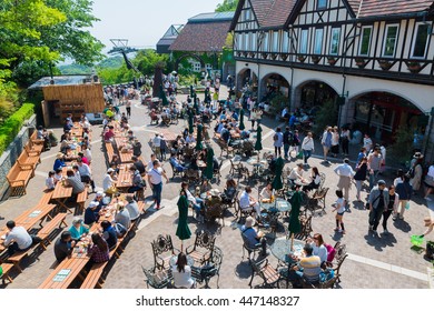 KOBE, JAPAN - May 4 : Restaurant Outdoor At Nunobiki, Kobe City, Hyogo Prefecture, May 4, 2016. A Lot Of People Eating Lunch Time At Exterior Restaurant.