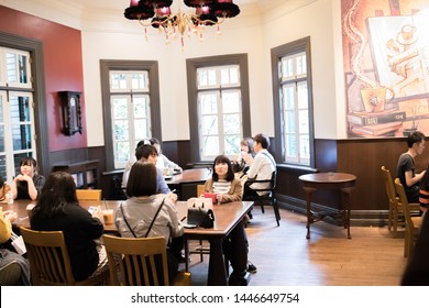 Kobe, Japan: October 11, 2018:  Interior of a Starbucks Kobe Kitano Ijinkan store, which is a former Western-style home in the Kitano district of Kobe. This Starbucks  - Shutterstock ID 1446649754