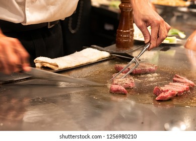 Kobe steak being cooked at a Japanese teppanyaki restaurant