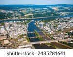 Koblenz aerial panoramic view. Koblenz is a city on the Rhine where it is joined by Moselle river.