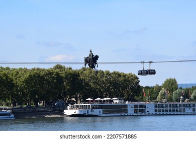 Koblenz, Germany - 09 12 2022: Deutsches Eck, Rhine Side With Ships