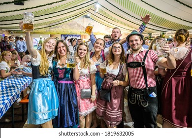 Koblenz Germany 27.09.2019 People Party At Oktoberfest In Europe During A Concert Typical Beer Tent Scene