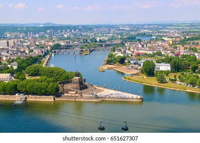 Koblenz, Germany - June 1, 2017; The viewpoint at the fortress Ehrenbreistein plateau. This is the most visited viewpoint in Koblenz.