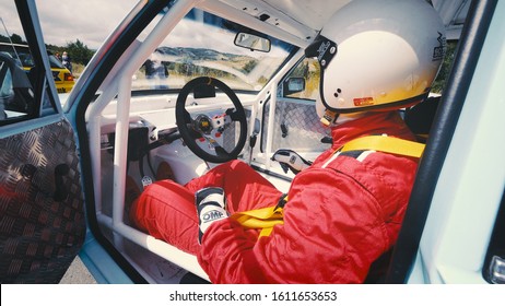 Kocani, Macedonia - 24 Jun, 2018: Hill Climb Race  Training. Driver Drive Fast On Curve Mountain Road, Cinematic Pov