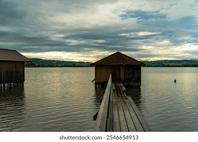 kochel, kochelsee, lake, bavaria, boathouse, water, boardwalk, lakeside, sunset, evening, night, clouds, autumn, sky, walkway - Powered by Shutterstock