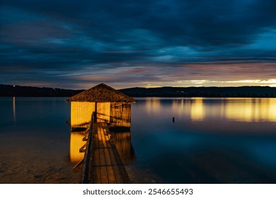 kochel, kochelsee, lake, bavaria, boathouse, water, boardwalk, lakeside, sunset, evening, night, clouds, autumn, sky, walkway, cabin, hut - Powered by Shutterstock