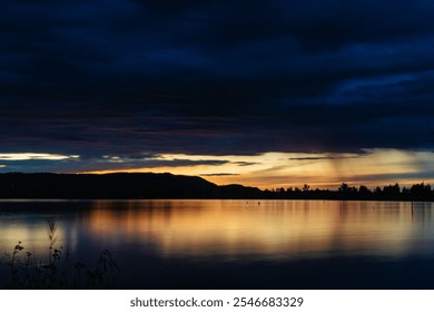 kochelsee, lake, night, nightsky, mirror, dark, clouds, rain, dramatic, sunset, afterglow, hills, tree, reed, lakeside, reflection, mood, wallpaper, orange, blue - Powered by Shutterstock