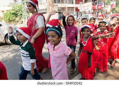 Kochi, India - December 23, 2015: Pupils Celebrating Christmas In The St. Ann's Public School (Kerala, India). Children Wish Merry Christmas To Local Citizens