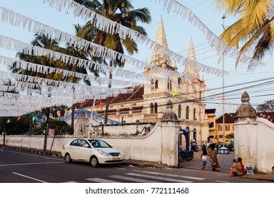 Kochi, India - December 25, 2015: Christmas Decorations Around Christian Santa Cruz Basilica On A Sunny Day. Holidays Celebration In Kerala State. 