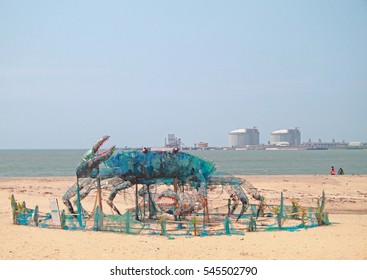 KOCHI, INDIA - MARCH 7, 2015: Art Installation Mad Crab Built Of Wastes On A Beach In Kochi, India