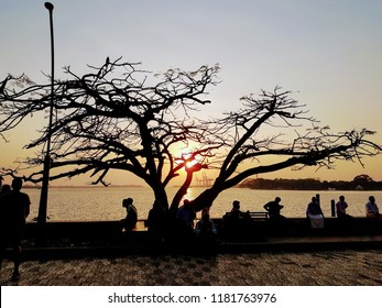 Kochi, Kerala, India - February 3, 2018: Sunset view of ferry off Marine Drive Ernakulam 