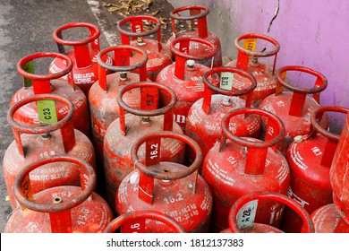 Kochi, Kerala, India -January 29, 2020 Lpg Gas Cylinder Stored For Commercial Home Delivery