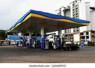 Kochi, Kerala, India, June 03, 2022: Petrol bunk of Bharat Petroleum company.                             