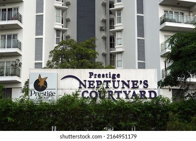 Kochi, Kerala, India, June 03, 2022: Sign board of Prestige Neptune's Courtyard - apartment complex. Exclusive, ultra luxury homes for the very upper crust.                                