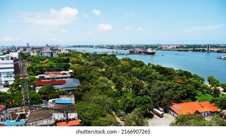 Kochi, Kerala, India, June 03, 2022: Aerial view of the Container ship of SISL in the Green Freight Corridor 2 of Cochin port. View from the Revenue Tower.