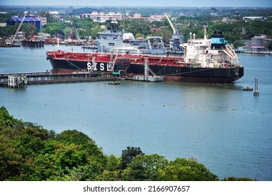 Kochi, Kerala, India, June 03, 2022: A container ship owned by SISL (Seven Islands Shipping Limited), a Mumbai-based liquid seaborne logistics company, in the Cochin port. Green Freight Corridor 2.