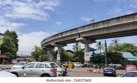 Kochi, Kerala, India - June 18, 2022: View Of Metro Rail Viaduct And The Car Parking At Kochi, Kerala, India