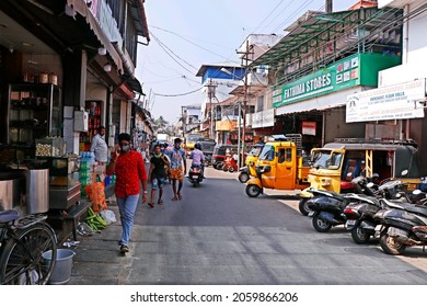 Kochi, Kerala, India -March 6, 2021 Indian Street In Covid Pandemic Period