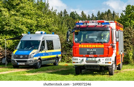 Koenigsdorf, Germany - September 8: Typical German Police And Fire Department Cars In Koenigsdorf On September 8, 2018