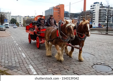 Koff Beer Promoted By Horse Carriage In Helsinki. Helsinki, Finland, October 27, 2012.