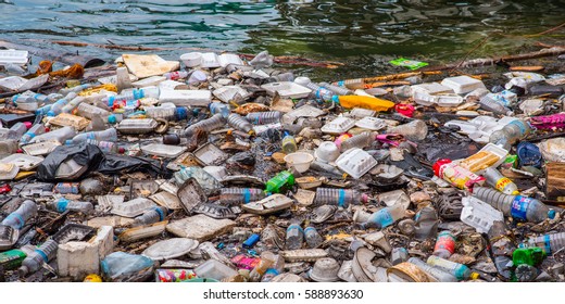 KOH KONG - JANUARY 3: Floating garbage in the sea on the waterfront of the city in January 3, 2017 in Koh Kong, Cambodia.
