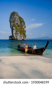 Koh Poda Island Thailand, Couple Mid Age Asian Woman And European Man On The Beach, Koh Poda Thailand, Beautiful Tropical Beach Of Koh Poda, Poda Island In Krabi Province Of Thailand South East Asian