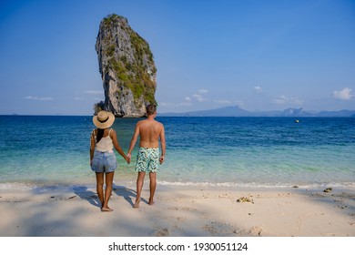 Koh Poda Island Thailand, Couple Mid Age Asian Woman And European Man On The Beach, Koh Poda Thailand, Beautiful Tropical Beach Of Koh Poda, Poda Island In Krabi Province Of Thailand South East Asian