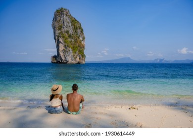 Koh Poda Island Thailand, Couple Mid Age Asian Woman And European Man On The Beach, Koh Poda Thailand, Beautiful Tropical Beach Of Koh Poda, Poda Island In Krabi Province Of Thailand South East Asian