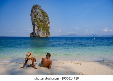 Koh Poda Island Thailand, Couple Mid Age Asian Woman And European Man On The Beach, Koh Poda Thailand, Beautiful Tropical Beach Of Koh Poda, Poda Island In Krabi Province Of Thailand South East Asian