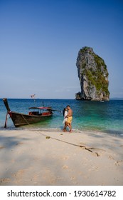 Koh Poda Island Thailand, Couple Mid Age Asian Woman And European Man On The Beach, Koh Poda Thailand, Beautiful Tropical Beach Of Koh Poda, Poda Island In Krabi Province Of Thailand South East Asian