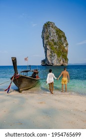 Koh Poda Island Thailand, Couple Mid Age Asian Woman And European Man On The Beach, Koh Poda Thailand, Beautiful Tropical Beach Of Koh Poda, Poda Island In Krabi Province Of Thailand South East Asian