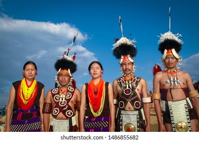 KOHIMA, NAGALAND, INDIA - January 16, 2004 : Portrait of Konyak Naga tribes in traditional outfit and headgear.