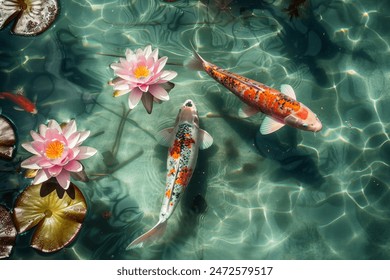 Koi carp seen from above in a clear pond with some water lilies - Powered by Shutterstock