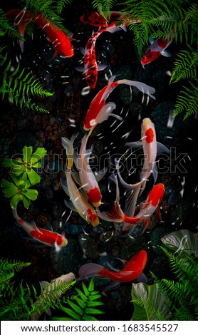 Koi fish swim artificial ponds with a beautiful background of green plants
