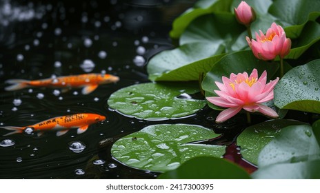 Koi fish swimming around pink lotus flowers on a tranquil pond. - Powered by Shutterstock