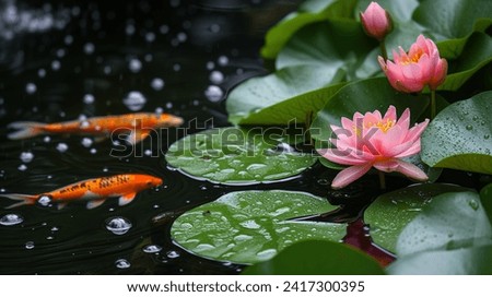 Koi fish swimming around pink lotus flowers on a tranquil pond.