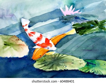 Koi In Garden Pond, Original Watercolor Painting