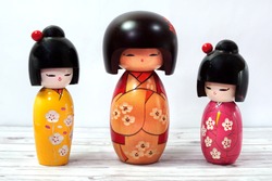 Kokeshi Japanese Traditional Wooden Dolls Isolated On White Background                   