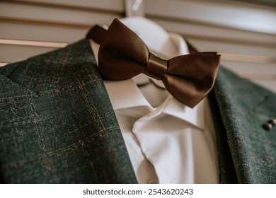 Koknese, Latvia - September 26, 2023 - Close-up of a brown bow tie and green checkered suit jacket on a white shirt, emphasizing elegant and formal attire details. - Powered by Shutterstock