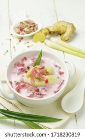 Kolak Pisang Pacar Cina or Banana Sago Jelly Compote in white bowl. Served during Ramadhan season