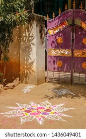 Kolam at the entrance to Indian home in Tamil Nadu, India