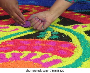 A Kolam Or Rangoli Made From Coloured Rice Was Being Prepared For Deepavali Celebration.