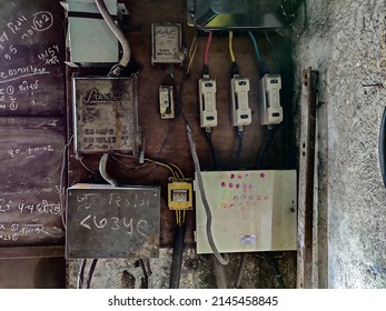 Kolhapur, India- November 26th 2021; Stock Photo Of Control Panel Of Industrial Factory, Old Electrical Installation, Like Old Wiring, Switch Broads, Fuse Box . Picture Captured At Small Workshop .