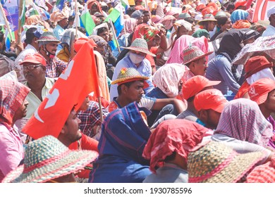 Kolkata, 02-28-2021: Group Of  Communist Party Of India Marxist CPI(M) Supporters Listening To Speech During A Mega Political Rally Organised At Brigade Parade Ground.