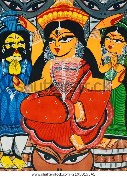 Kolkata, 12-26-2020: West\
Bengal handicraft for sale in a craft fair. Opaque colour painted\
art of a Hindu Goddess Durga giving blessing to devotees. Painted\
on papaer.