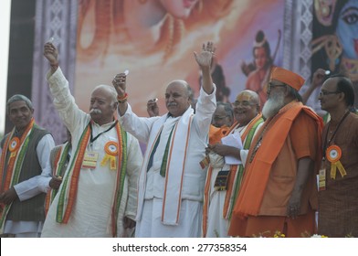 KOLKATA - DECEMBER 20: Praveen Togadia And Mohan Bhagwat Waiving Towards The Crowd During The Golden Jubilee Celebration Of VHP -a Hindu Nationalist Organization On December 20, 2014 In Kolkata,India.